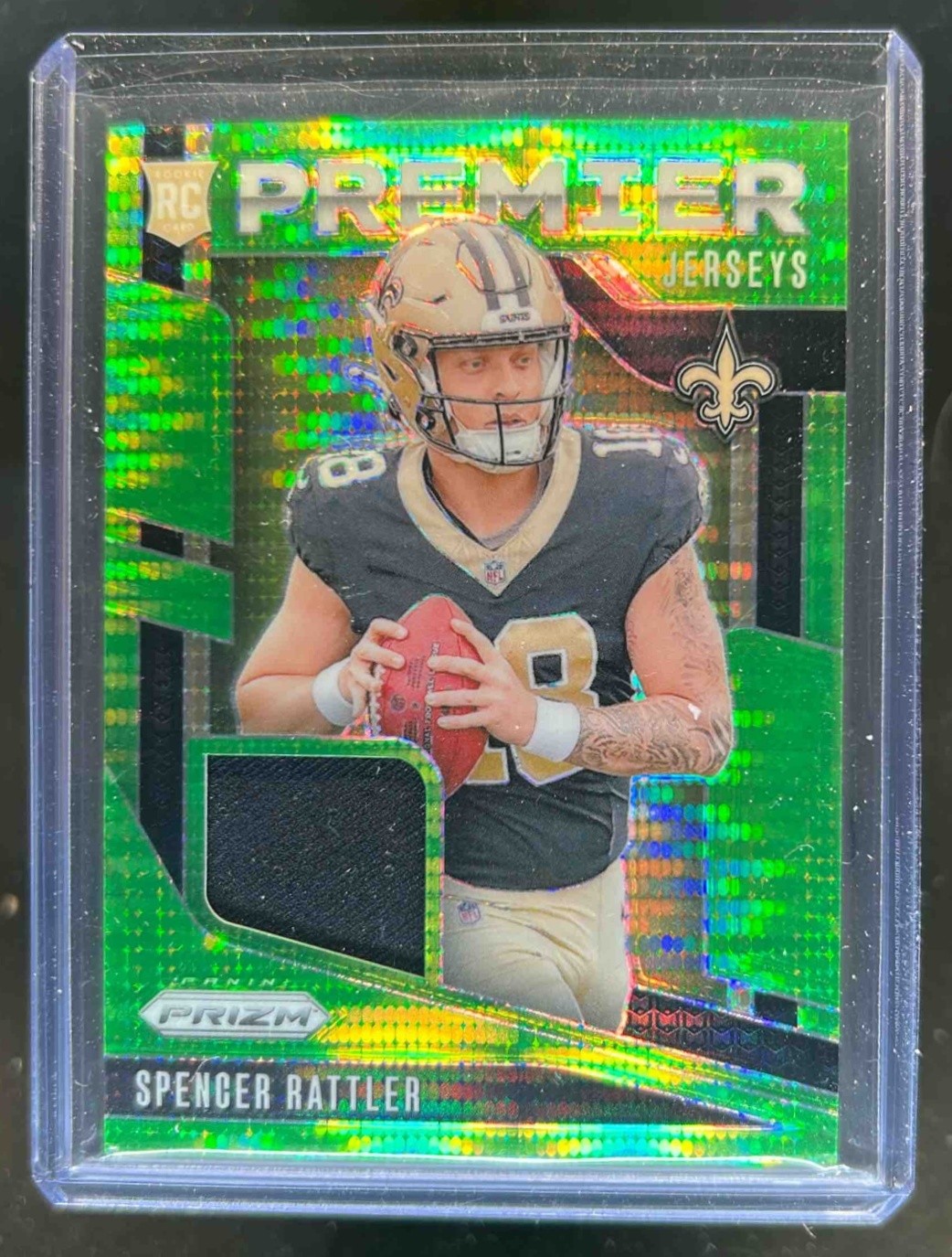 2024 Prizm Spencer Rattler Premier Jerseys RC Neon Green Pulsar #PJ-SRR Saints