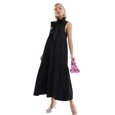 Sister Jane Dress Size XS Peggy Bow Neck Midi Black Swing Sleeveless New NWT