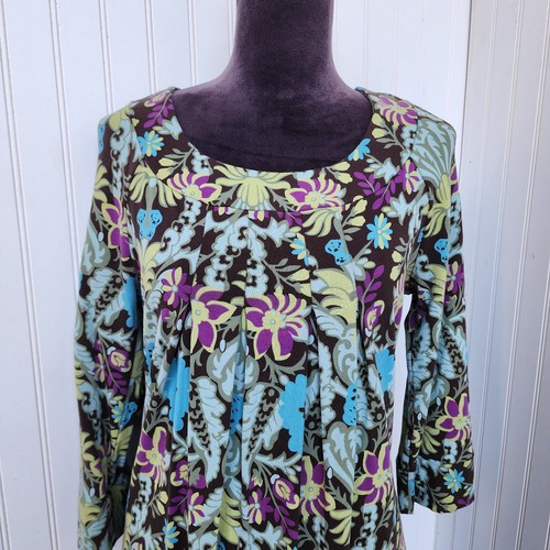 Madison Womens Brown Teal Floral Pima Cotton Stretch Dress 3/4 Sleeve Pleated S - Picture 3 of 11