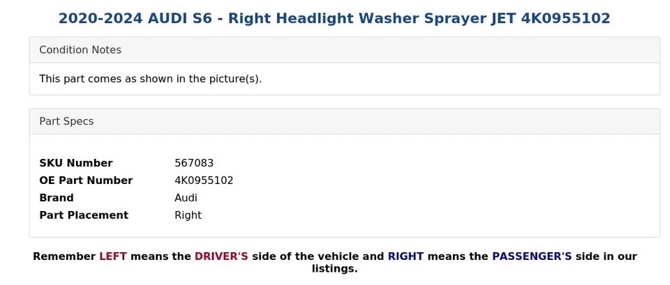 2020-2024 AUDI S6 - Right Headlight Washer Sprayer JET 4K0955102 - Image 3 of 4