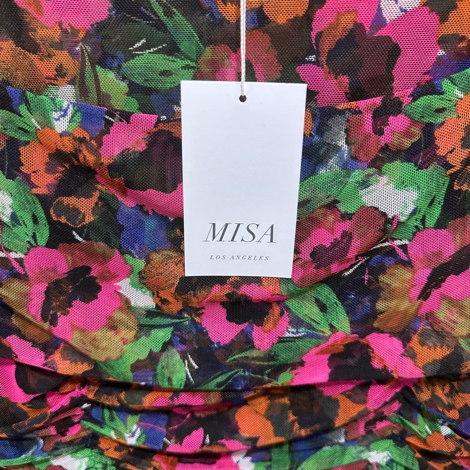 MISA Size S Los Angeles Marilyn Floral Ruched Midi Dress Jewel Tone Mesh Womens