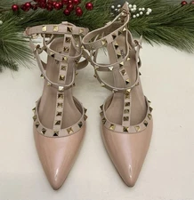 Valentino Rockstud Caged T-Strap Heels Nude Patent 6cm Size EU 41