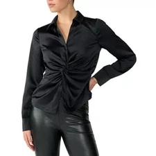 Sanctuary Women's Satin Twisted Front Button Up Top in Black, Size XL
