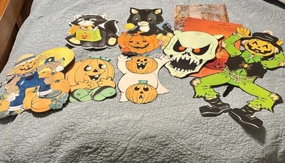 Vintage Halloween Decoration Lot Die Cut A Jointed Scarecrow & Cats Pumpkins
