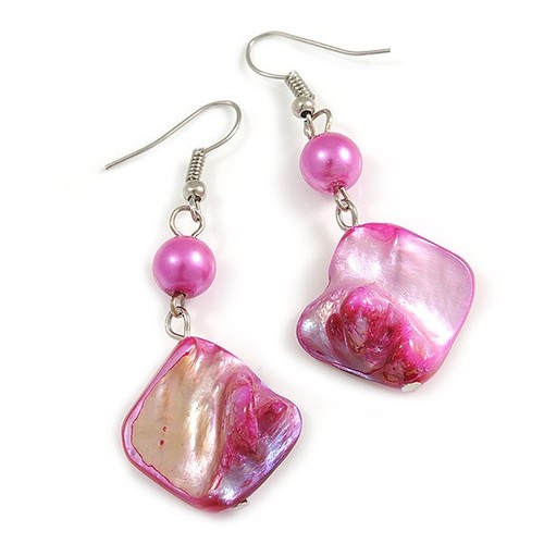 Fuchsia Shell Bead Drop Earrings in Silver Tone - 6cm Drop - Picture 3 of 4