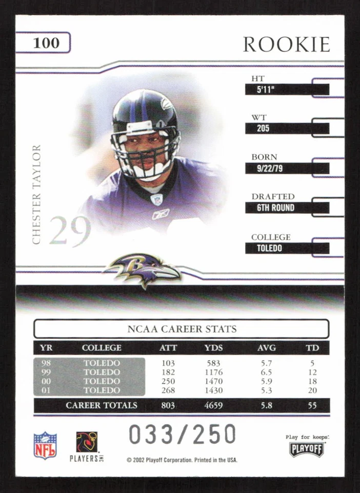 2002 Playoff Prime Signatures Chester Taylor #/250 RC Rookie #100 Card - Image 2 of 2