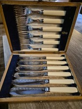 Antique cased fish cutlery set 12pc Sheffield EPNS Harrison Fisher, George Dover
