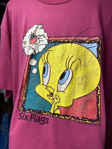 Vintage 90s Tweety Bird Sylvester T Shirt Six Flags Men's LXL - Picture 2 of 5