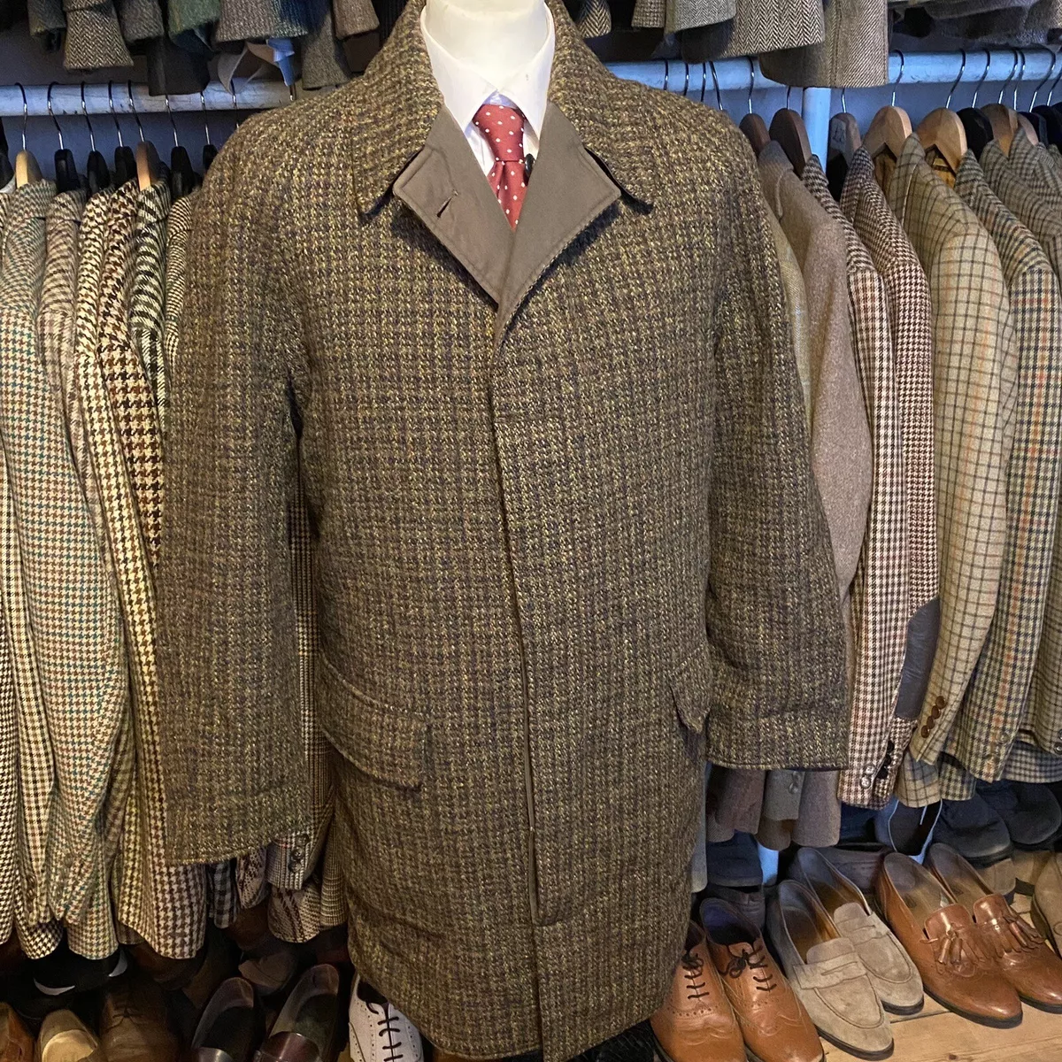Vintage Mens 42 44 HARRIS TWEED Reversible Coat Overcoat Wool Jacket Check