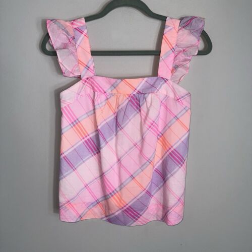 Lilly Pulitzer Sleeveless Top Blouse-Pink Plaid-Ruffle Shoulders-Cotton-Size XXS - Picture 2 of 8