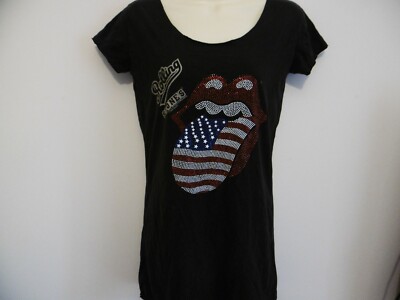 NEW AMPLIFIED ROLLING STONES USA FLAG DIAMANTE T LICK GREY HIP LENGTH TOP S M