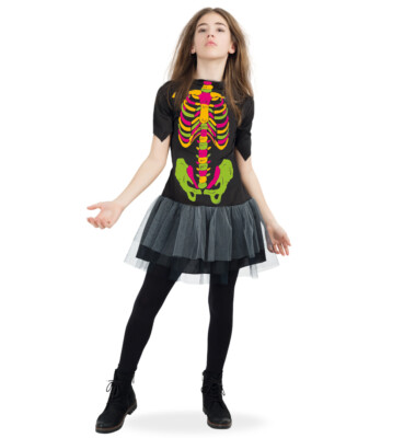 Kinder Skelett Kostüm Kleid bunt nachtleuchtend für Mädchen GID Verkleiden