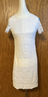Miss joy Ivory Sheath Dress Size Small Elegant Crocheted Lace Knee Length