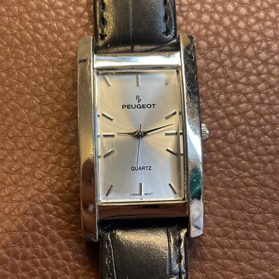 Peugeot 295 Tank Men's Silver Tone Quartz Watch Black Leather