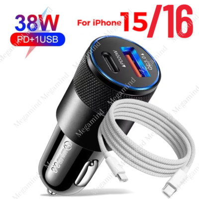 Dual USB-C Type C PD QC 38W Fast Car Charger Cable For iPhone 15 16 Plus Sumsang