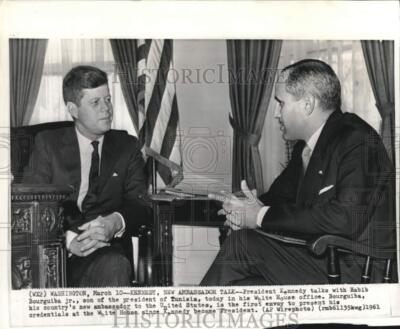 1961 Press Photo President Kennedy & Habib Bourguiba Jr. talk at the ...