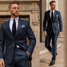 Plaid Checked Business Men Suits Regular Fit Formal Peak Lapel Single Breasted