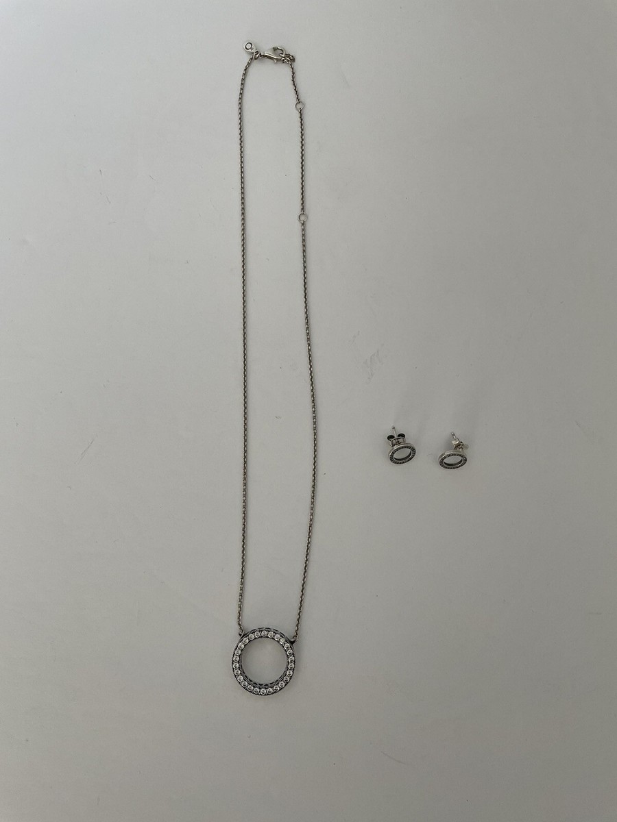 Pandora Pave and Logo Circle Necklace and Earrings Sterling Silver