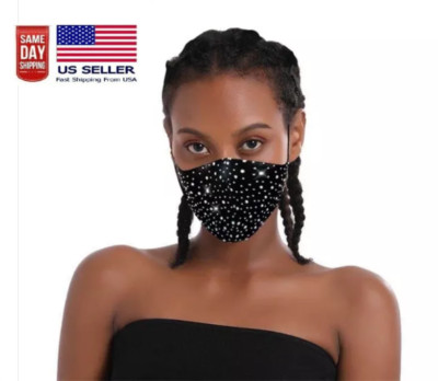 AB Clear Rhinestone Glitter Face Mask Crystal Bling Stretch Washable US Seller N
