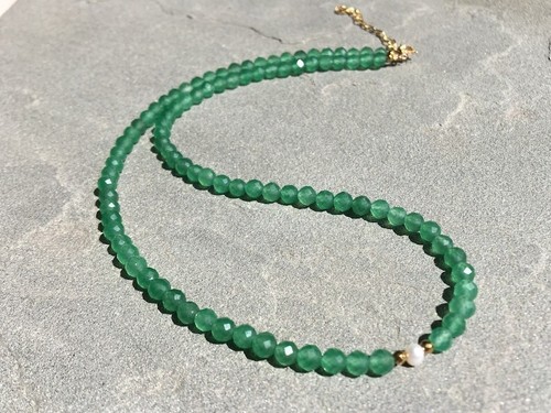 A++ Dainty Green Aventurine & Peral Faceted Round Gemstone Beaded Necklaces 18'' - Picture 12 of 16