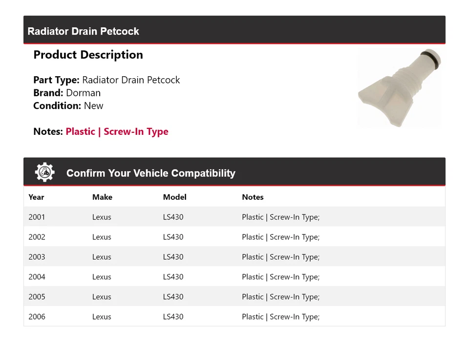 Para Lexus LS430 2001-2006 Dorman Radiador Drenaje Petcock 2002 2003 2004 2005 Foto 2 de 4