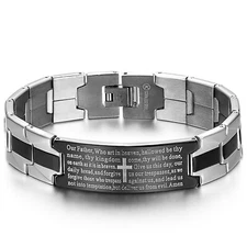 Stainless Steel Black Silver-Tone Religious Cross English Prayer Mens Bracelet