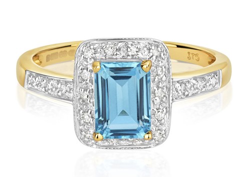 Bague Or Blanc 14 Cts - Émeraude Topaze Bleu Ciel Et Diamant 2,35 Ct - Taille Ajustable
