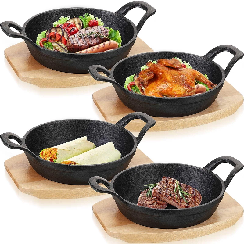 Sliner 4 Sets Mini Cast Iron Skillet Small Cast Iron Plates Skillet Wooden Base