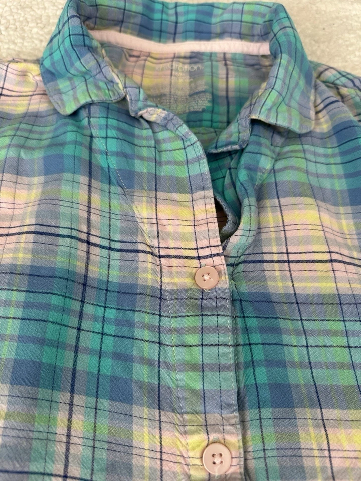 Conjunto de pijama feminino xadrez calça manga longa camisa com botões roxo azul-petróleo tamanho M - Imagem 4 de 4