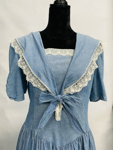 Gunne Sax Dress Vtg Prairie Corset Cottagecore Size:13/14 Denim Lace Bow W32 - Picture 7 of 15