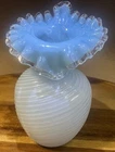 VINTAGE FENTON 5.5” BLUE AND OPALESCENT SILVER CREST MILK GLASS RUFFLE VASE