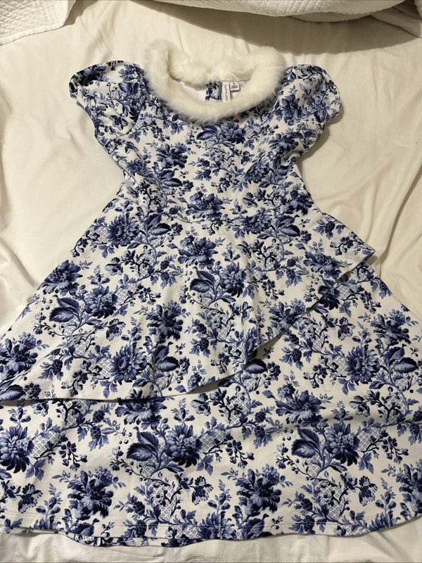 Preowned Janie And Jack Girls Floral Blue Dress With Faux Fur
