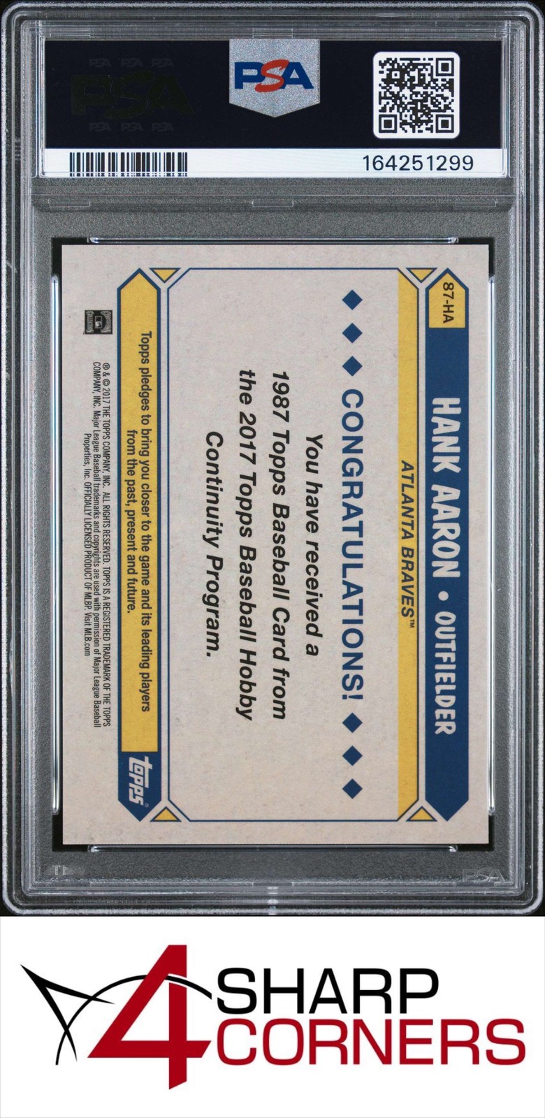 2017 TOPPS SILVER PACK PROMO #87-HA HANK AARON HOF PSA 10 view 2