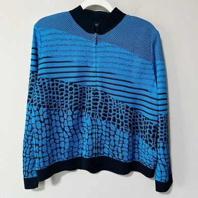 Ming Wang Blue Black Textured Zip Cardigan Sweater Jacket Size Petite Large