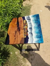 Ocean Blue Epoxy Side Table – Resin River Handmade Walnut Art Décor