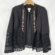Chico's Size 2 Cotton Black Floral Embroidered Indie Jacket Women's Size Large