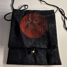 Black Floral Rectangle Crossbody Bag Snap Closure Gold Hardware Stitching