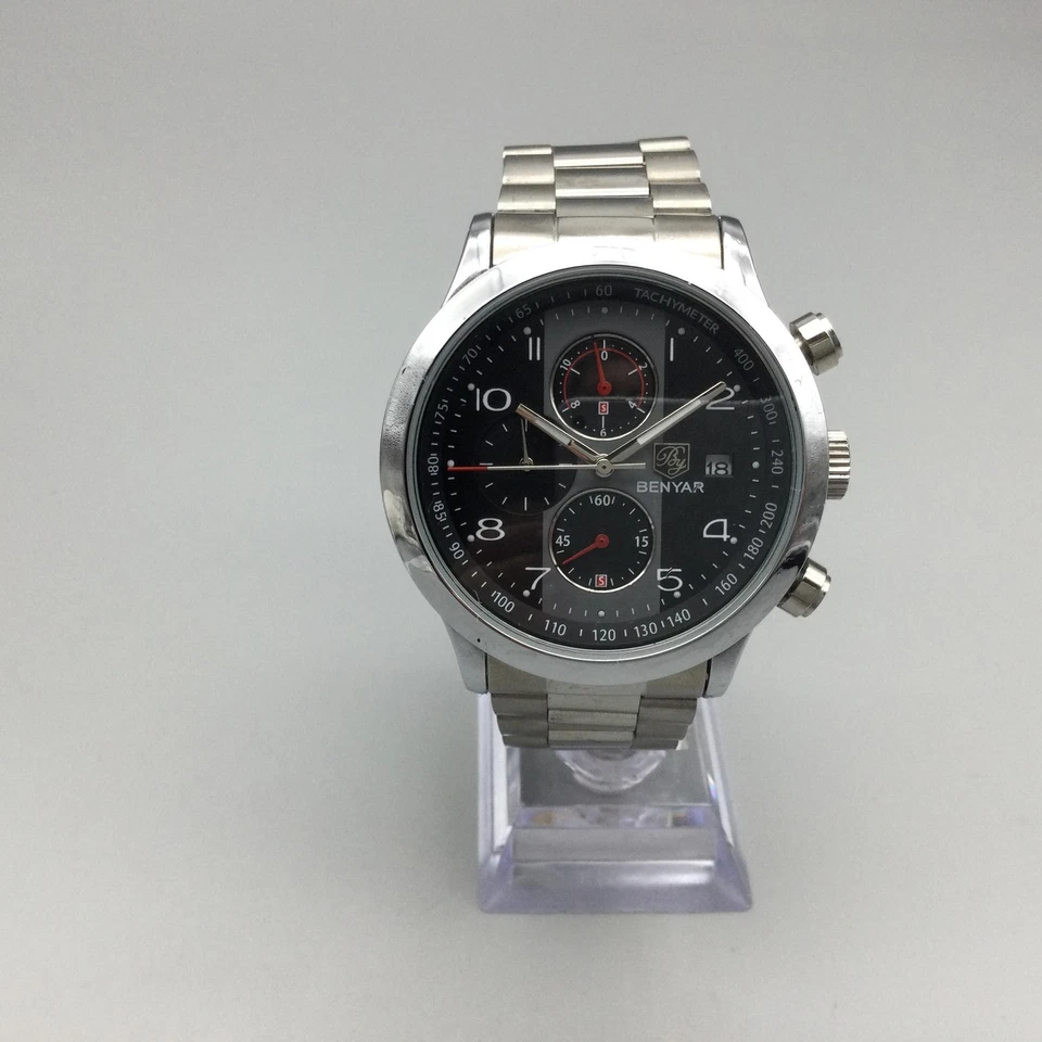 Benyar relógio cronógrafo masculino 43mm mostrador preto data BY-5133M nova bateria 7" - Imagem 2 de 4