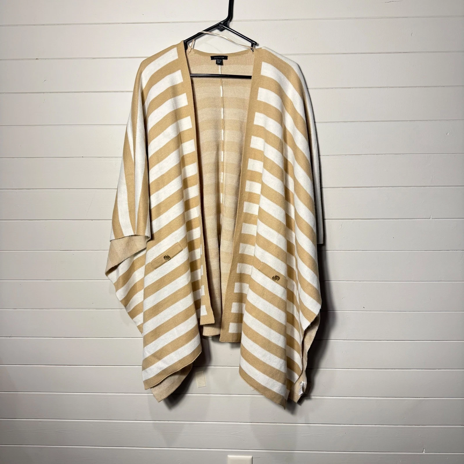 Ann Taylor Striped Poncho Wrap One Size Camel White Gold Button Knit Sweater