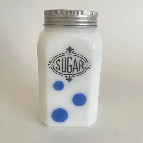 Rare Vintage Hazel-Atlas Blue Polka Dot Milk Glass Sugar Shaker