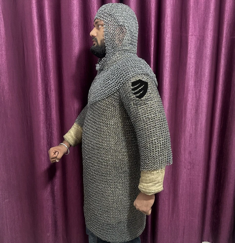 Medieval 8 mm Mild Steel Round Ring Riveted Half Sleeve Chainmail Shirt and Coif - Image 3 of 4