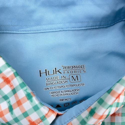 Camicia Huk Uomo Media Verde Arancione Plaid Bottoni Performance Pesca Stampa Pesce - Foto 4 di 9