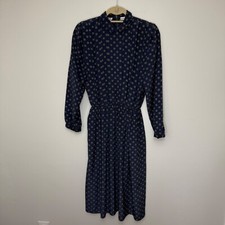 Talbots Vintage Dress Long Sleeve Collared Pleated Geometric Print Navy Blue 6