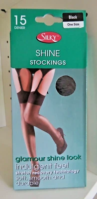 Sheer 15 Denier Shine Stockings by Silky. Black/One Size. Same Day Free Post