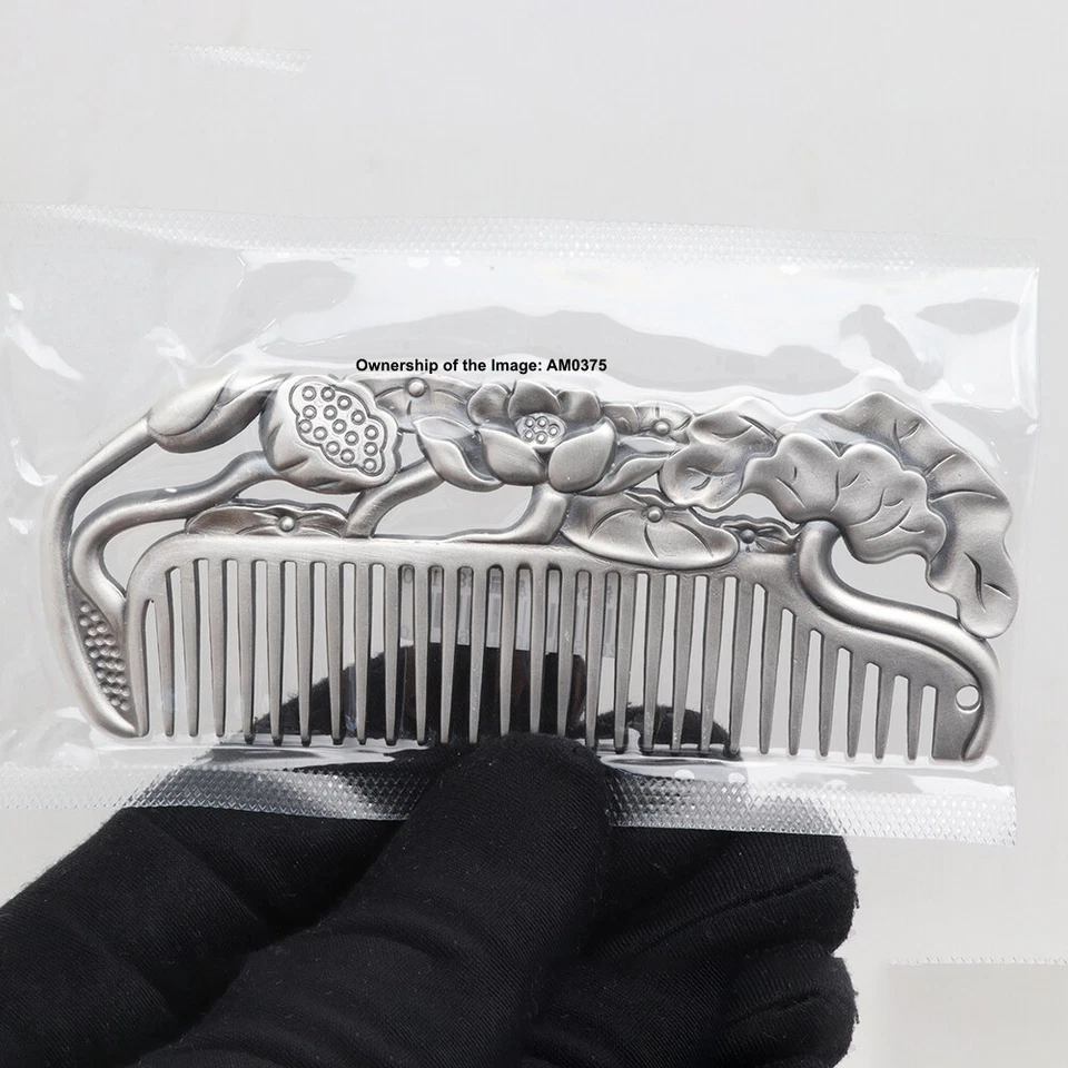 Peine de pelo de plata fina pura plata pura 999 mango de loto cuidado del cabello 3,97 pulgadas/68 g Foto 4 de 4
