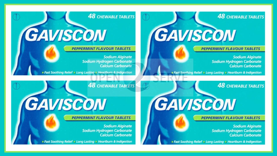 4x Gaviscon Peppermint Heartburn & Indigestion Relief - 48 Chewable Tablets