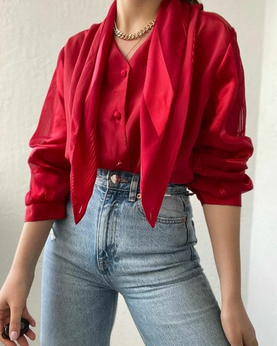 Vintage Red Blouse Bow Collar Long Sleeve Shirt for Women Vintage Clothes - Picture 3 of 3
