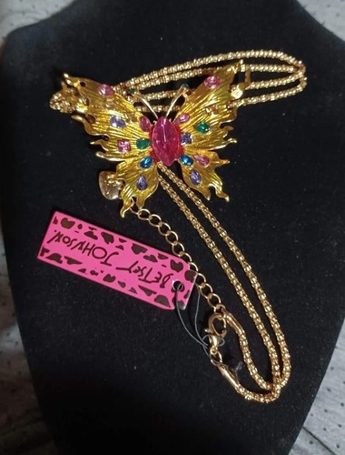 Very Beautiful Betsy Johnson Gold Toned Butterfly Sweater Necklace & Brooch,NWT