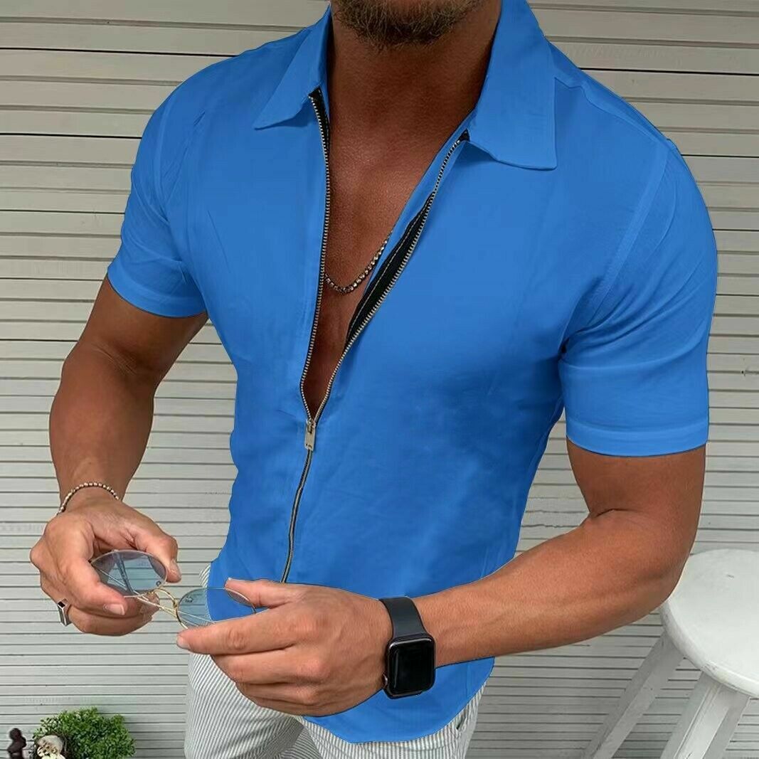Camisa completa de cuero con cremallera hombres azules manga corta cremallera moda