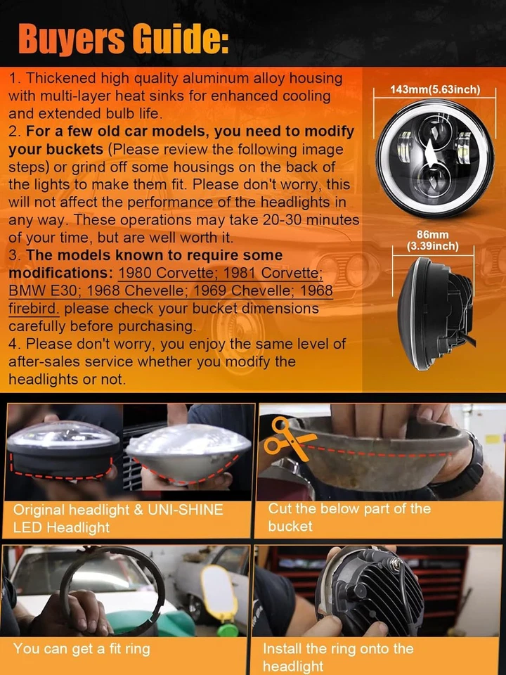 4PCS 5.75" 5-3/4" Round LED Hi-Lo Beam Headlights For Cadillac Calais 1965-1974 - Image 2 of 4